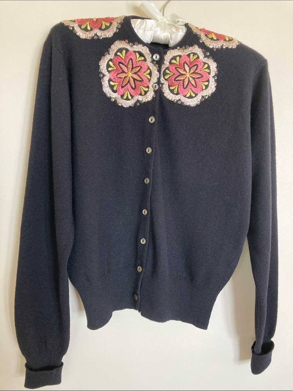 Vintage Pringle of Scotland Black Cashmere Embroidered Cardigan
